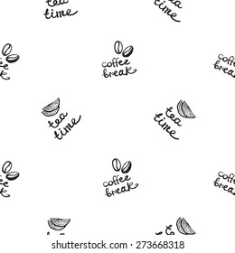 Set of cute hand drawn tea and coffee. Vector illustration. Set of isolated home breakfast decorative elements. Chess grid order black pattern on white background