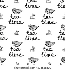 Set of cute hand drawn tea and coffee. Vector illustration. Set of isolated home breakfast decorative elements. Chess grid order black pattern on white background