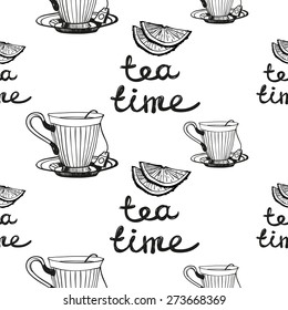 Set of cute hand drawn tea and cup. Vector illustration. Set of isolated home breakfast decorative elements. Chess grid order black pattern on white background