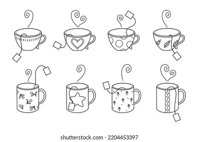 Set of cute hand drawn teacups with different vintage textures. Vector line illustrations. Mugs collection for packaging, banner, print, card, fabric, label, wallpaper, textile, wrapping paper, gift.