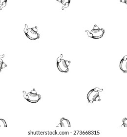 Set of cute hand drawn teapot. Vector illustration. Set of isolated home breakfast decorative elements. Chess grid order black pattern on white background