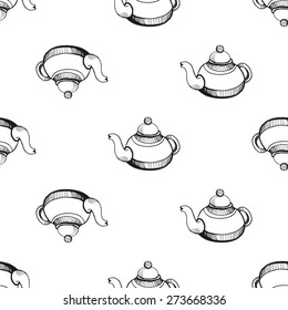 Set of cute hand drawn teapot. Vector illustration. Set of isolated home breakfast decorative elements. Chess grid order black pattern on white background
