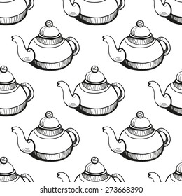 Set of cute hand drawn teapot. Vector illustration. Set of isolated home breakfast decorative elements. Chess grid order black pattern on white background