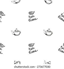 Set of cute hand drawn teapot and tea. Vector illustration. Set of isolated home breakfast decorative elements. Chess grid order black pattern on white background