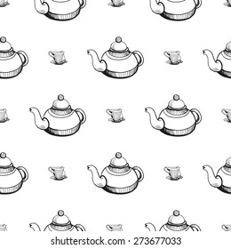 Set of cute hand drawn teapot and cup. Vector illustration. Set of isolated home breakfast decorative elements. Chess grid order black pattern on white background
