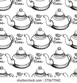 Set of cute hand drawn teapot and tea. Vector illustration. Set of isolated home breakfast decorative elements. Chess grid order black pattern on white background
