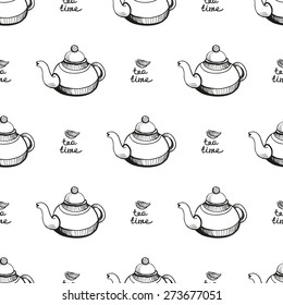 Set of cute hand drawn teapot and tea. Vector illustration. Set of isolated home breakfast decorative elements. Chess grid order black pattern on white background