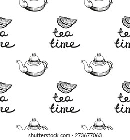 Set of cute hand drawn teapot and tea. Vector illustration. Set of isolated home breakfast decorative elements. Chess grid order black pattern on white background