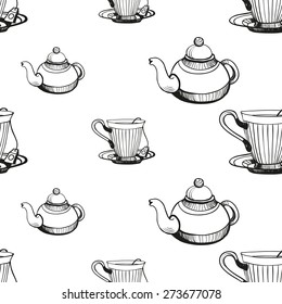 Set of cute hand drawn teapot and cup. Vector illustration. Set of isolated home breakfast decorative elements. Chess grid order black pattern on white background