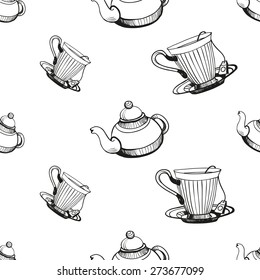 Set of cute hand drawn teapot and cup. Vector illustration. Set of isolated home breakfast decorative elements. Chess grid order black pattern on white background