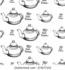Set of cute hand drawn teapot and tea. Vector illustration. Set of isolated home breakfast decorative elements. Chess grid order black pattern on white background