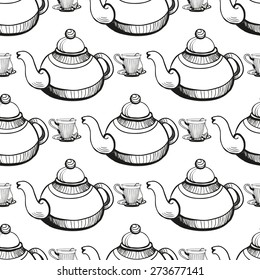 Set of cute hand drawn teapot and cup. Vector illustration. Set of isolated home breakfast decorative elements. Chess grid order black pattern on white background