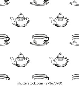 Set of cute hand drawn teapot and coffee. Vector illustration. Set of isolated home breakfast decorative elements. Chess grid order black pattern on white background