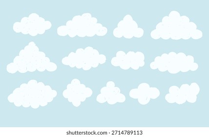 Set of cute hand drawn textured clouds isolated on blue background. Vector illustration. Doodle clouds