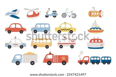 Set of cute hand drawn transportation for baby and kid decoration