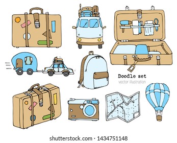 Set of cute hand drawn travel doodle. Vacation concept. Tourism and trip sketch cartoon elements. Map, suitcase, camera, passport, bagpack, luggage , trailer. Vector illustration. Traveling