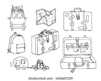 Set of cute hand drawn travel doodle. Vacation concept. Tourism and trip sketch cartoon elements. Map, suitcase, bagpack, luggage , trailer. Vector illustration. Traveling