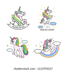 Set of cute hand drawn unicorns. Vector illustration of funny doodle unicorns