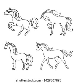 Set of cute hand drawn unicorns isolated on white background.