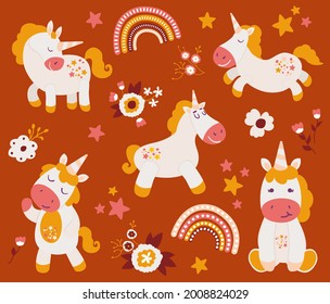 Conjunto de adorables unicornios dibujados a mano. Personajes de cuento de hadas. Ilustración vectorial.	
