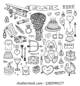 Set with cute hand drawn Valentines Day icons. Love collection. Vector