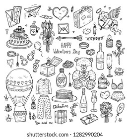 Set with cute hand drawn Valentines Day icons. Love collection. Vector