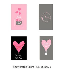 set of cute, hand drawn, valentines illustrations.Love jar, be mine wreath, this is for you heart shaped gift, happy valentine's day in a air ballon. EPS Vector