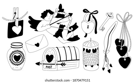 Está decorado con adorables decoraciones de San Valentín dibujadas a mano. Cupido, buzón, llave y candado. Ilustraciones de doodles vectoriales para afiches y diseño de tarjetas de felicitación aisladas en blanco. contorno negro, estilo retro.