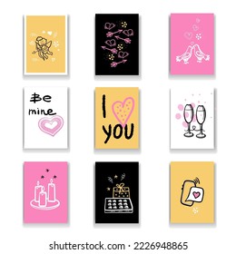 Set of cute hand drawn Valentines day cards, gift tags with doodle sketch love symbols, isolated vector objects.