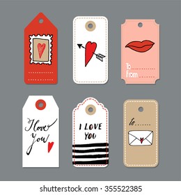 Set of cute hand drawn Valentines day cards, gift tags, isolated vector objects