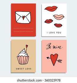 Set of cute hand drawn Valentines day cards, isolated vector objects