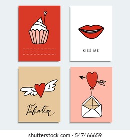 Set of cute hand drawn Valentines day cards. Love concept and doodle symbols. Isolated vector objects.