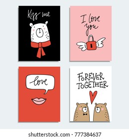 Set of cute hand drawn Valentines day or wedding cards, invitations with couple of bears, lips and flying padlock. Isolated vector objects, doodle sketches.