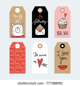 Set of cute hand drawn Valentines day or wedding gift tags with cute bear, envelope, lips and cupcake. Handwritten text, lettering. Isolated vector objects with 