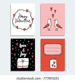 Set of cute hand drawn Valentines day or wedding cards, invitations with couple of dove birds, gift and hearts. Isolated vector objects, doodle sketches.
