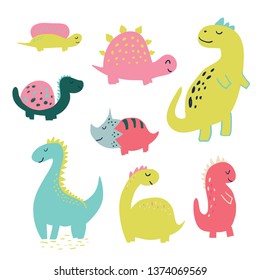 Set of cute hand drawn vector dinosaur characters. Kids illustration