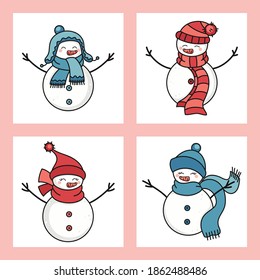 Set of cute hand drawn vector snowmen with hats and scarfs isolated on white background. Christmas whimsical characters for card, label, wrapping paper, print, banner, package, advertising or poster.