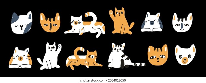 Set of cute hand drawn vector cats. Lies on the ground, rises paw, sleeps, smiles. Can be used for children books or as print for clothes