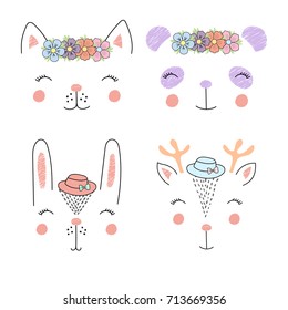 Set of cute hand drawn vector animal (bunny, cat, panda, reindeer) girl faces in hats and flower chains. Isolated objects on white background. Design concept for children.