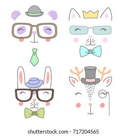 Set of cute hand drawn vector animal (bunny, cat, panda, reindeer) faces in in different hats and glasses, and ties. Isolated objects on white background. Design concept for children.