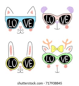 Set of cute hand drawn vector animal (bunny, cat, panda, reindeer) girl faces in sunglasses, with word Love written inside the lenses. Isolated objects on white background. Design concept for children