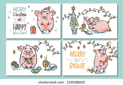 Set of cute hand drawn vectorcards with pigs, doing winter activity, knitting, decorating christmas tree, giving presents, reading and lettered signs