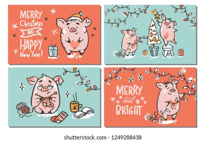 Set of cute hand drawn vectorcards with pigs, doing winter activity, knitting,  decorating christmas tree, giving presents, and hand lettered signs