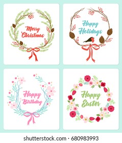 Set of cute hand drawn vintage floral rustic wreathes for your decoration