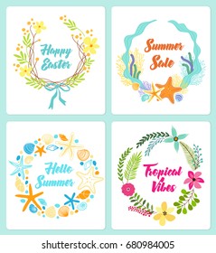 Set of cute hand drawn vintage floral rustic wreathes for your decoration