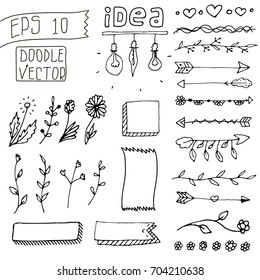 Set of Cute Hand drawn Vintage Doodle Dividers isolated on white background. Bullet journal Ideas. Girly Stuff. Floral Decorative Elements. Line Border Set, Design Element, Beautiful Ornaments
