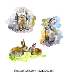 Set Of Cute Hand Drawn Watercolor Rabbits. Vector Cute Rabbit Clipart.