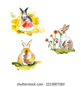 Set Of Cute Hand Drawn Watercolor Rabbits. Vector Cute Rabbit Clipart. Rabbits For Childrens Design.