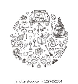 Set with cute hand drawn Wedding icons. Love collection. Vector