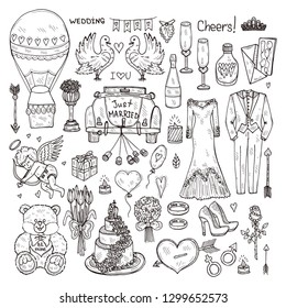 Set with cute hand drawn Wedding icons. Love collection. Vector